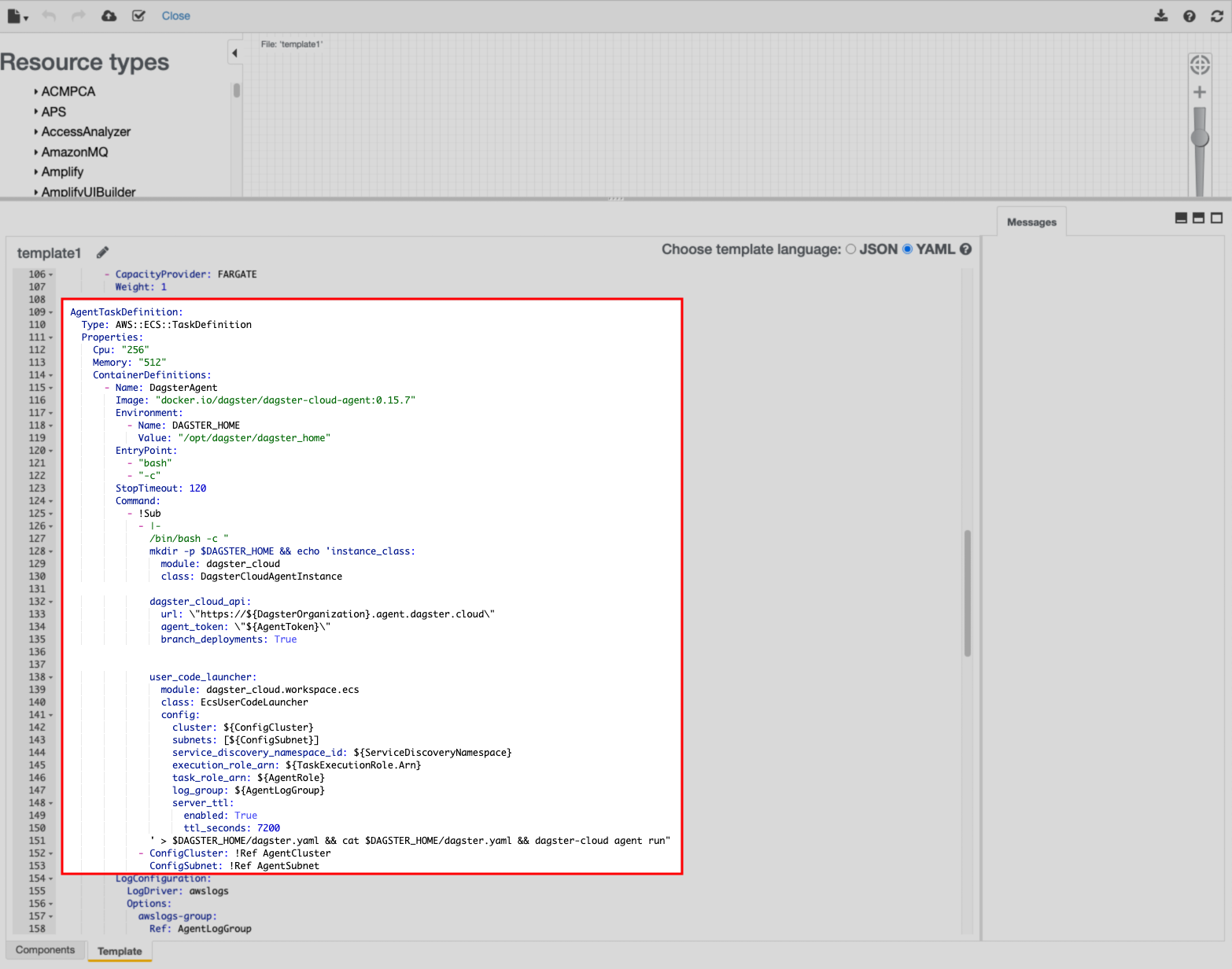 Highlighted AgentTaskDefinition section of the AWS ECS agent CloudFormation template in the AWS Console