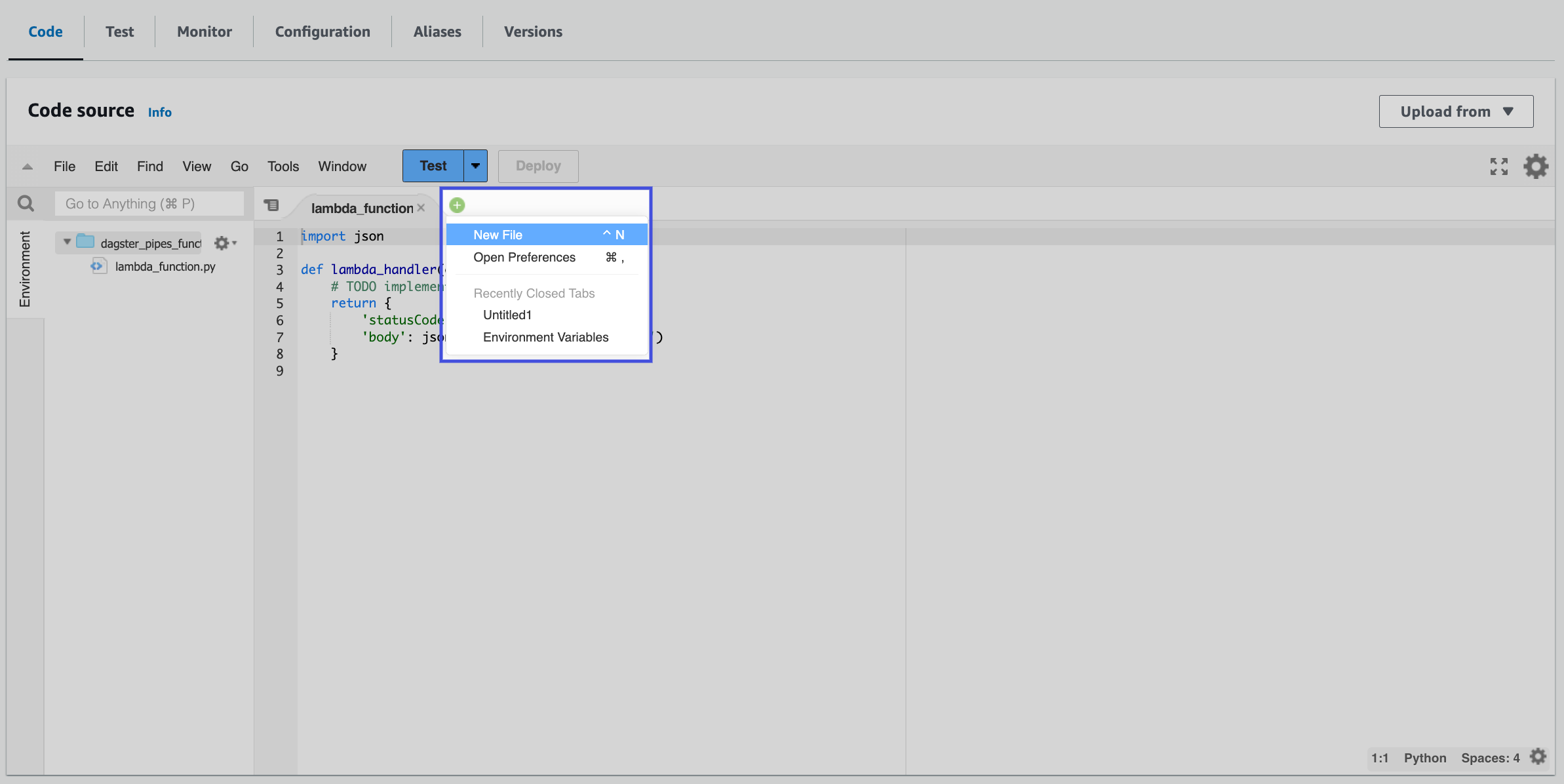 Highlighted New file option in a menu of the Code source section on the Lambda function details page