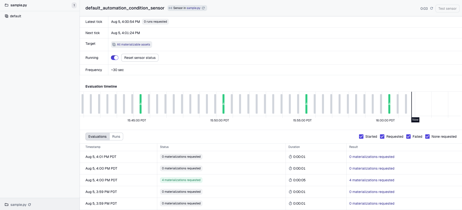 Default automation sensor evaluations in the Dagster UI