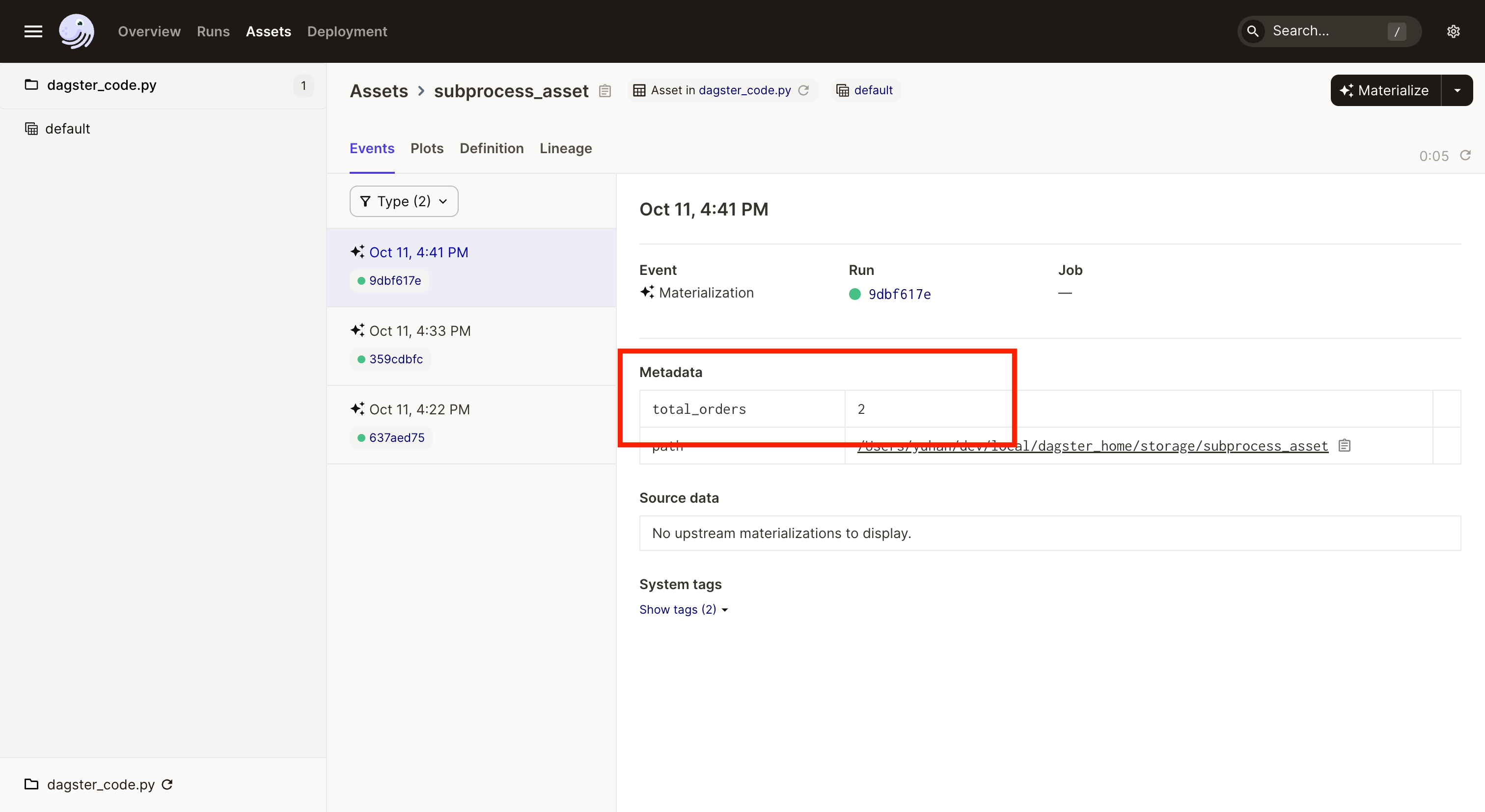 View materialization events in asset details page