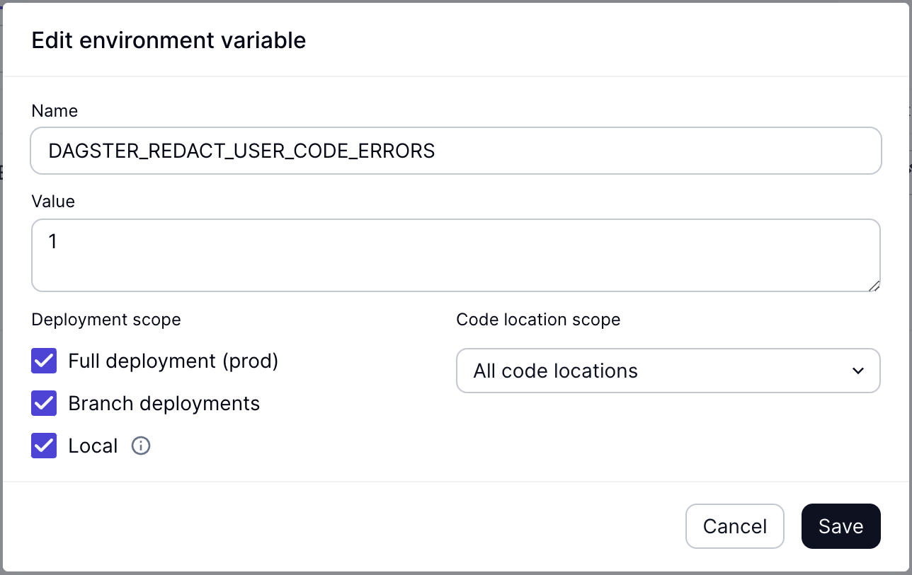 Environment variable UI showing DAGSTER_REDACT_USER_CODE_ERRORS set to 1